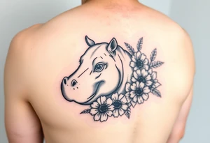 Cute hippo and with sunflowers and carnations realistic and feminine tattoo idea