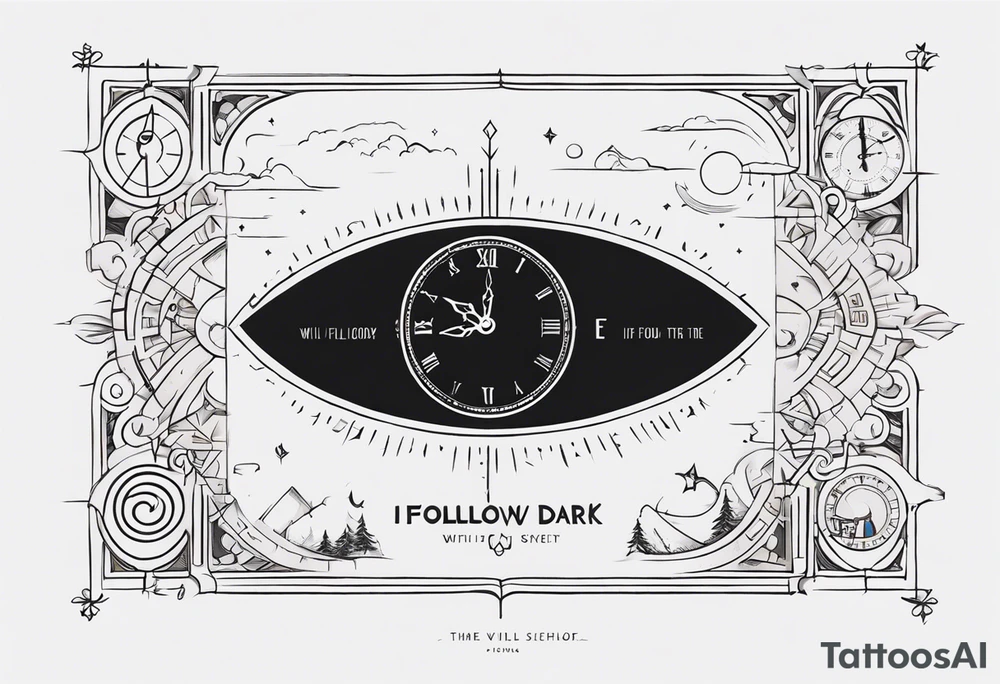 Combine elements representing time and travel. Use the words “I will follow you into the dark”. Make it simple. tattoo idea