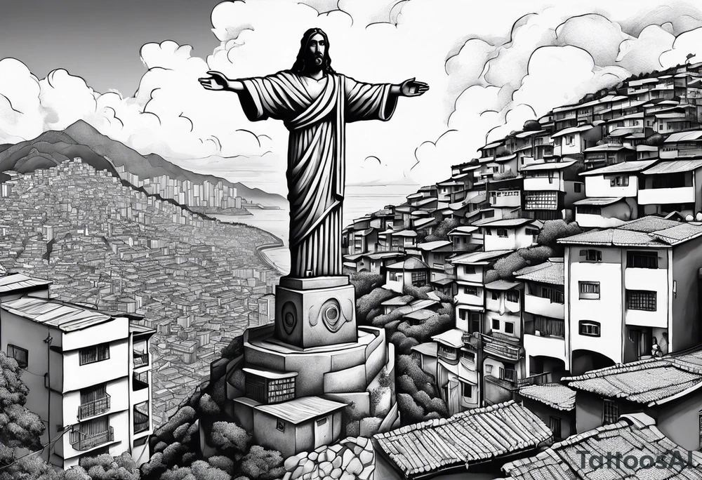 statue of jesus from Rio De Janeiro, below him as background there are favelas houses and above his hands as background is sky with slight clouds tattoo idea