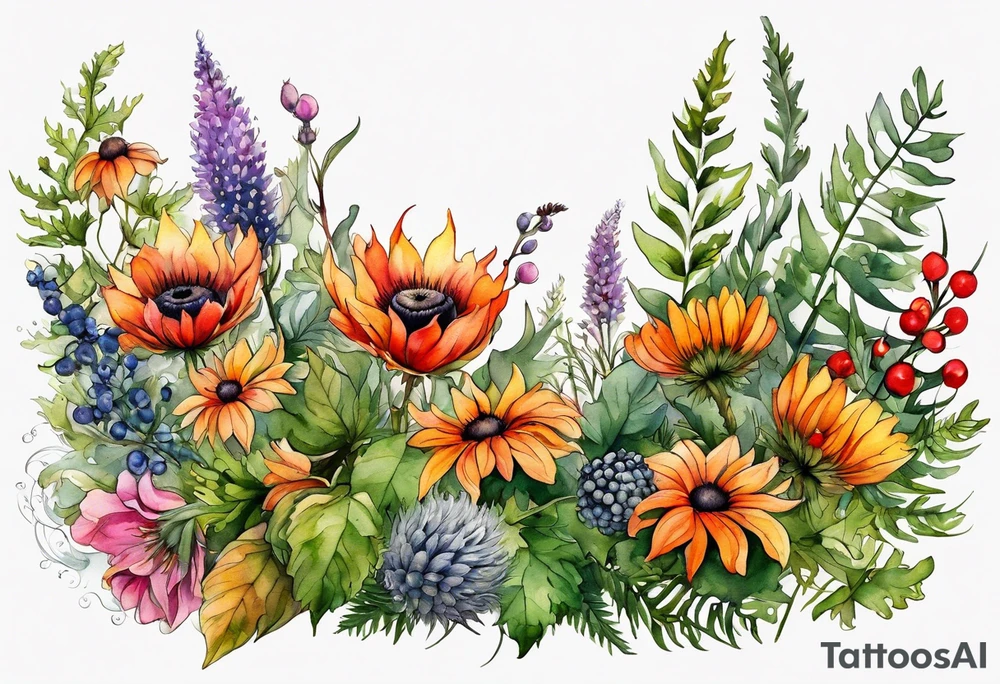 wildflowers with thistles, ferns, black eyed beauty flowers, cream flowers, sun flowers, orange flowers, green flowers, pink flowers, red flowers, berries and all in watercolor tattoo idea