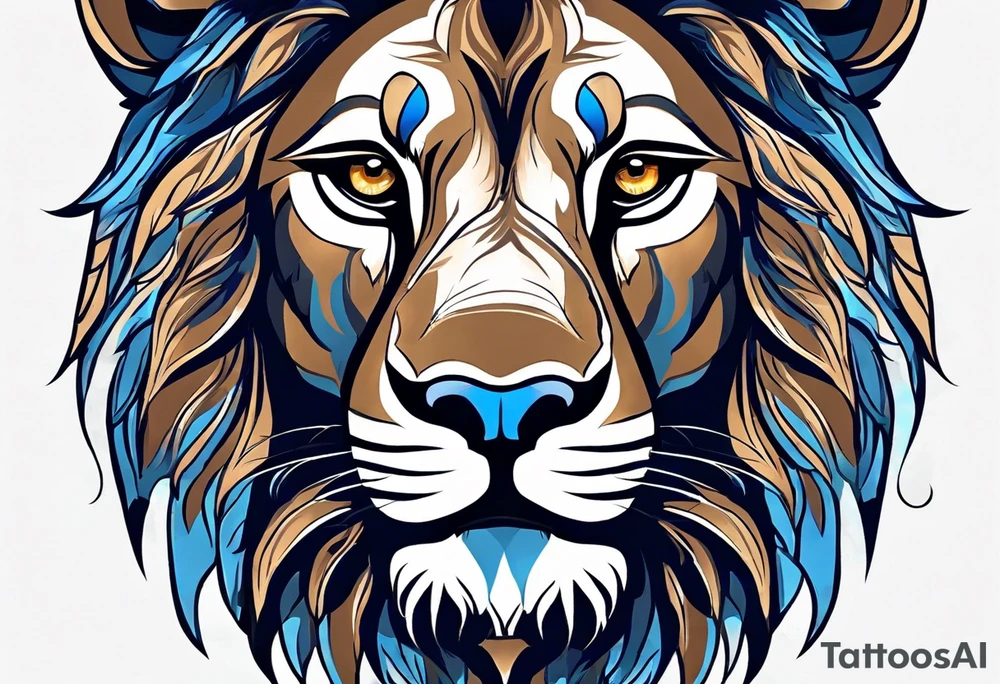face of a lion with a third eye. Left eye blue, right eye brown. The third eye on the forehead is abstract. Around the muzzle there is a compass bezel tattoo idea