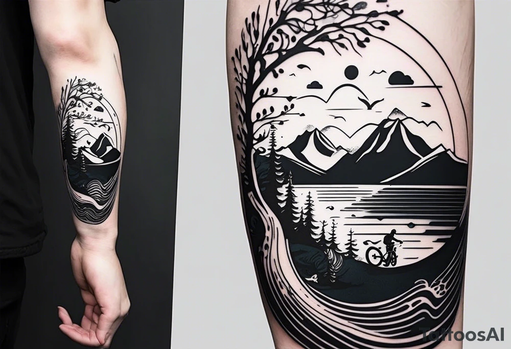 This is a minimalistic tattoo that is split into 2 sections; a top half and a bottom half. The top half is a mountain in Norway with a mountain bike trail winding down the mountain. The bottom half of the tattoo depicts an underwater scene featuring water, and sea life. tattoo idea