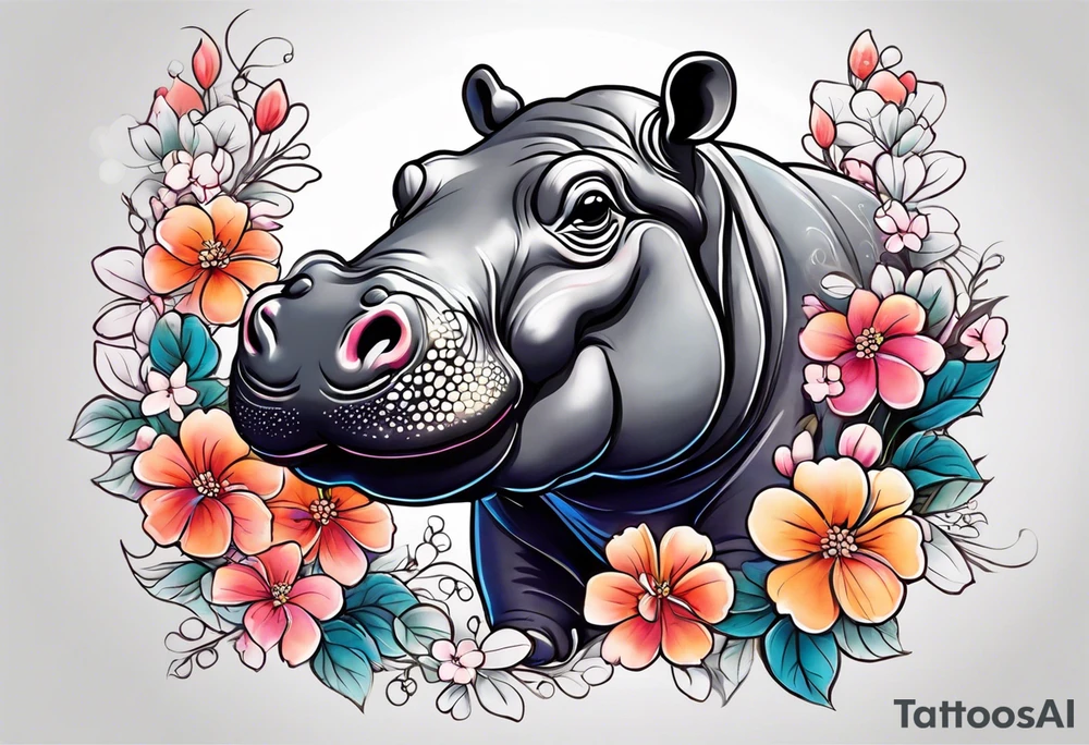 cute realistic hippo with flowers tattoo idea
