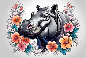 cute realistic hippo with flowers tattoo idea