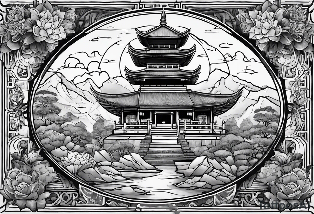 The background of the tattoo as a world map with a small buddhist shrine at the bottom for the back of a forearm tattoo idea
