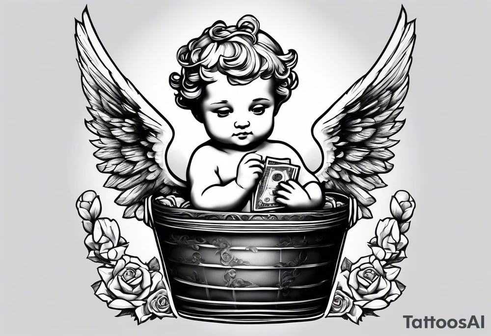 a cherub holding a money bag tattoo idea