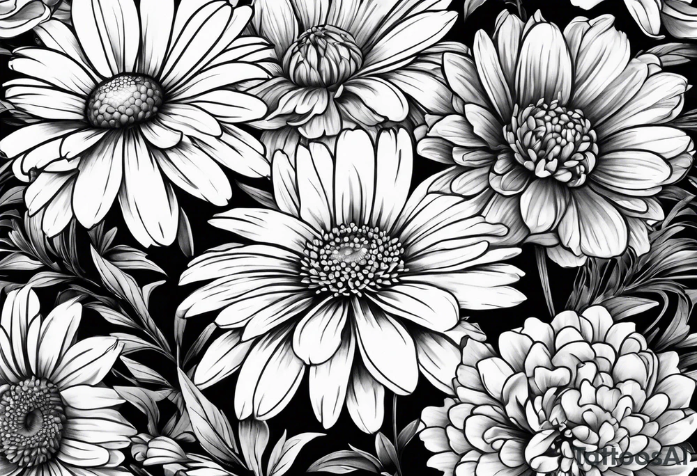 full bouquet of daisy, aster, and carnations tattoo idea