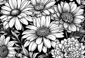 full bouquet of daisy, aster, and carnations tattoo idea