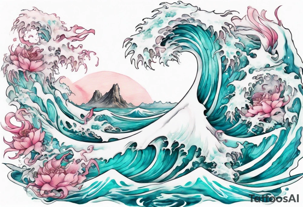 a beautiful turquoise pink and white sea  Drakaina rising from the waves of the ocean tattoo idea
