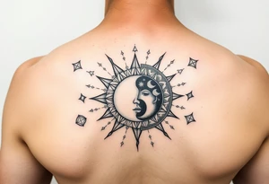 celestial sun and moon embrace with constellation patterns tattoo idea