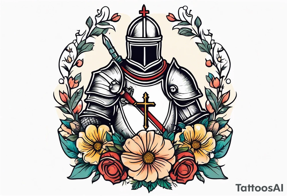 knight in armor traditonal vintage tattoo crown colorful with flowers and a bible tattoo idea