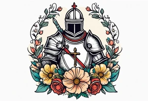 knight in armor traditonal vintage tattoo crown colorful with flowers and a bible tattoo idea