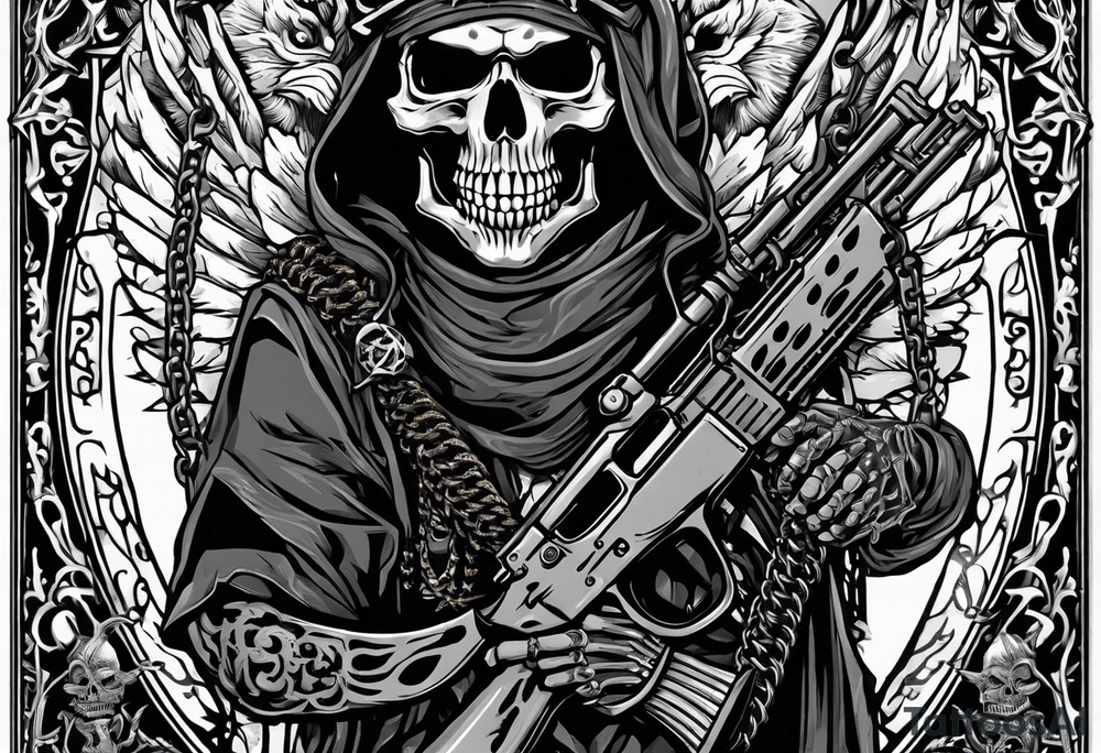 image of a skeleton standing frontally with a crown on his head, holding an AK-47 on his shoulder with his right hand. The chain on the left should be taut, there are three angry barking Dobermans in it, near the waist tattoo idea