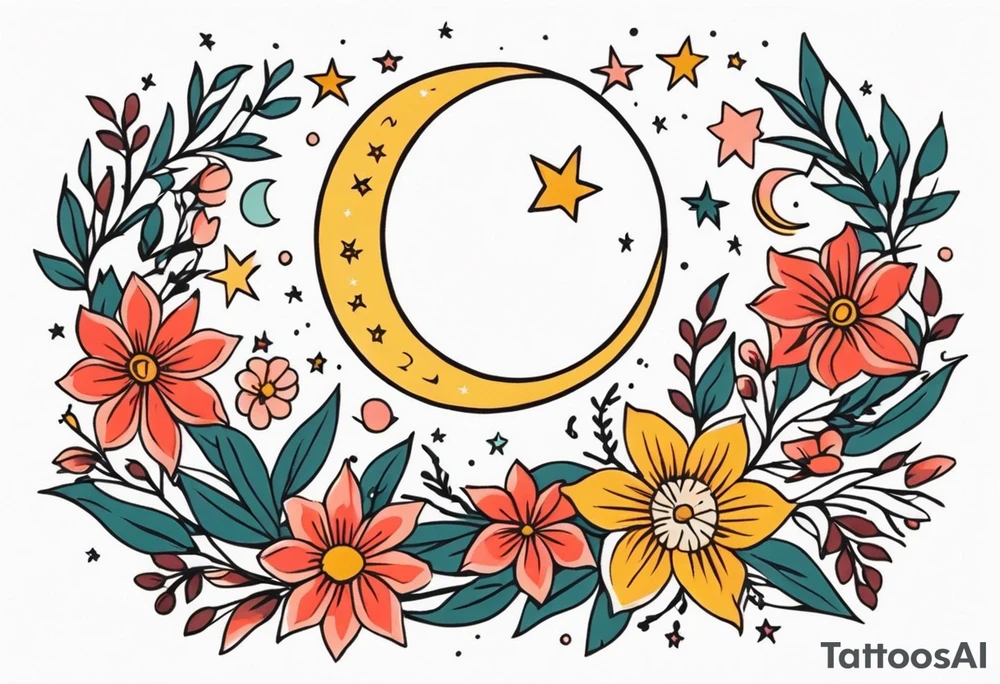stars and moon

old school vintage simple traditional design with vintage flowers surrounding
bold color simple tattoo idea