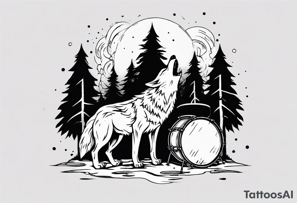 thunderstorm over a forest with a wolf howling on drums tattoo idea thunderstorm over a forest with a wolf howling on drums tattoo idea