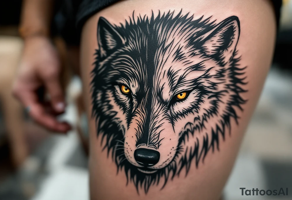 Black wolf face and a white wolf face side by side tattoo idea