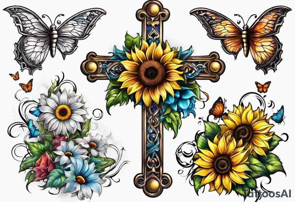 Winged cross with sunflower and butterflies tattoo idea