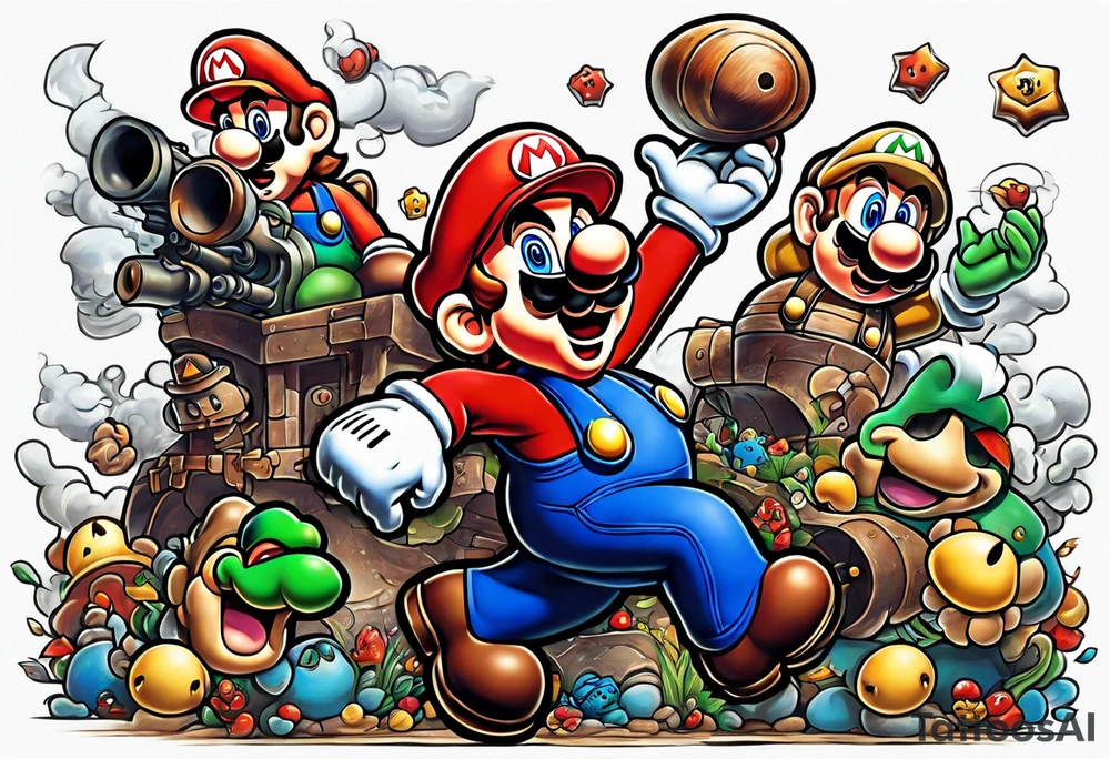 Mario brothers with ghosts and goombas with canons tattoo idea