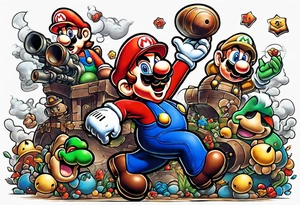 Mario brothers with ghosts and goombas with canons tattoo idea