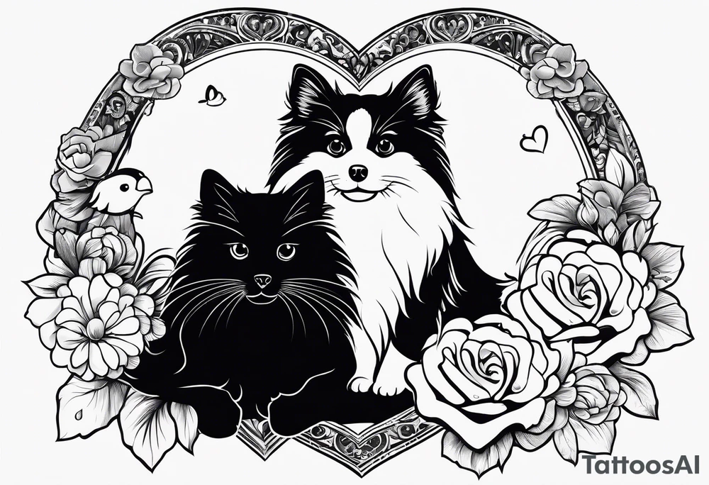 Silhouette of pomeranian dog, cat, turtle and guinea pig all arount heart tattoo idea