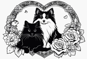 Silhouette of pomeranian dog, cat, turtle and guinea pig all arount heart tattoo idea