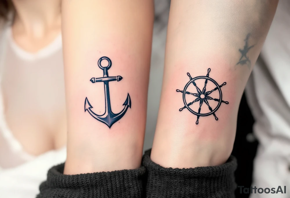 A delicate black anchor for her and a matching ship’s wheel for him in dark navy on the inner forearms symbolize stability and direction in love. tattoo idea