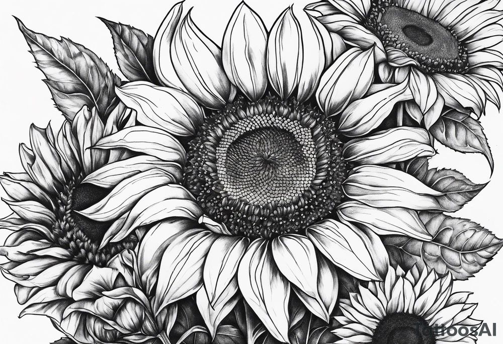 Araceli in cursive four sunflowers and shading all around tattoo idea