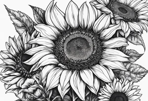 Araceli in cursive four sunflowers and shading all around tattoo idea