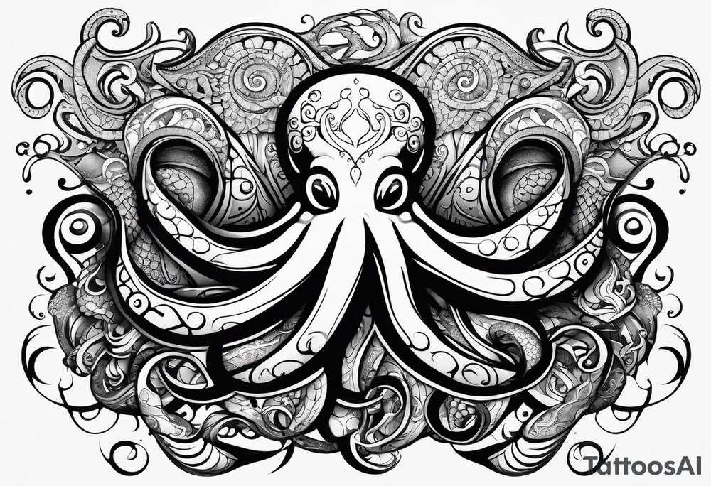 Tribal half sleeve octopus surrounded by ribbons of water waves filled with fish and a tribal sea turtle hidden in the lines of the head of the octopus tattoo idea