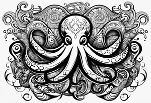 Tribal half sleeve octopus surrounded by ribbons of water waves filled with fish and a tribal sea turtle hidden in the lines of the head of the octopus tattoo idea