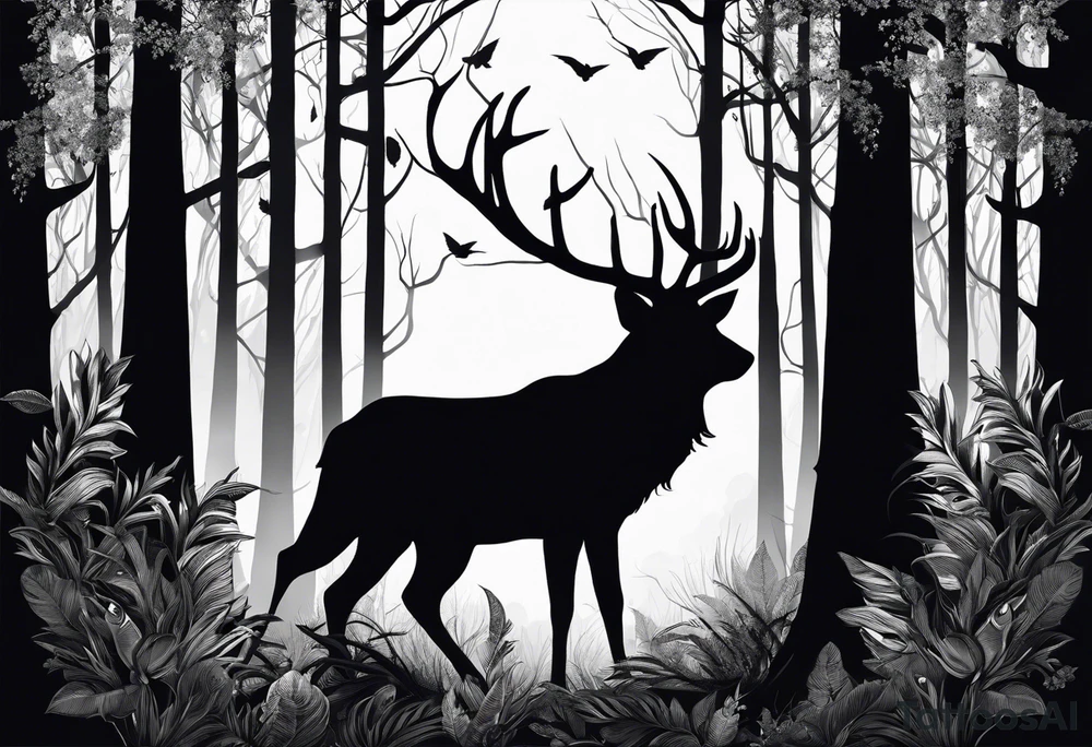 long black silhouettes with white eyes in a big dark forest tattoo idea