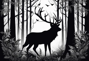 long black silhouettes with white eyes in a big dark forest tattoo idea