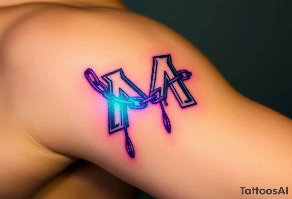 A series of chains in the shape of the "M" logo, broken and hanging down, glowing with neon green and purple light. tattoo idea