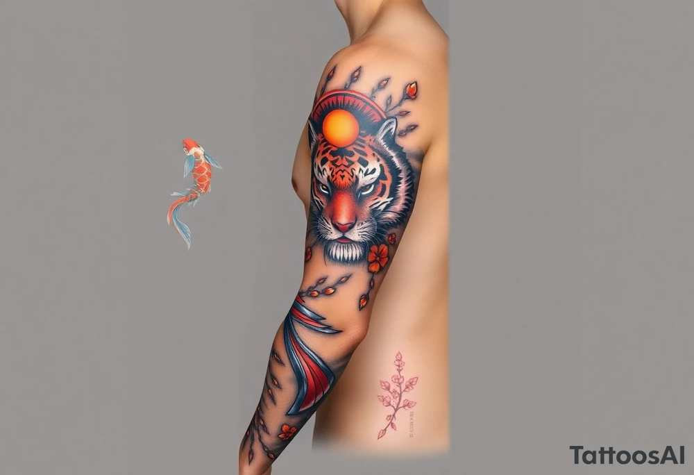 Full arm sleeve, one koi fish, one tiger, the sun, cherry blossom filler, beautiful tattoo idea