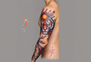 Full arm sleeve, one koi fish, one tiger, the sun, cherry blossom filler, beautiful tattoo idea