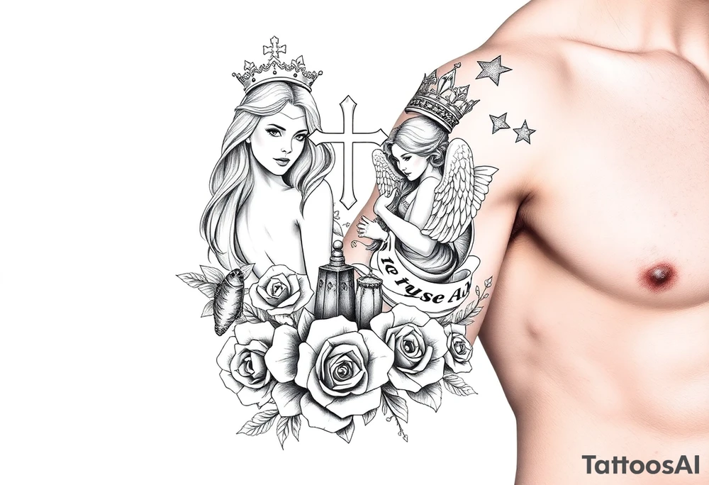 Roulette casino and princess and cross, baby angels, roses and stars and fish, crown, rosebead tattoo idea