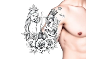 Roulette casino and princess and cross, baby angels, roses and stars and fish, crown, rosebead tattoo idea