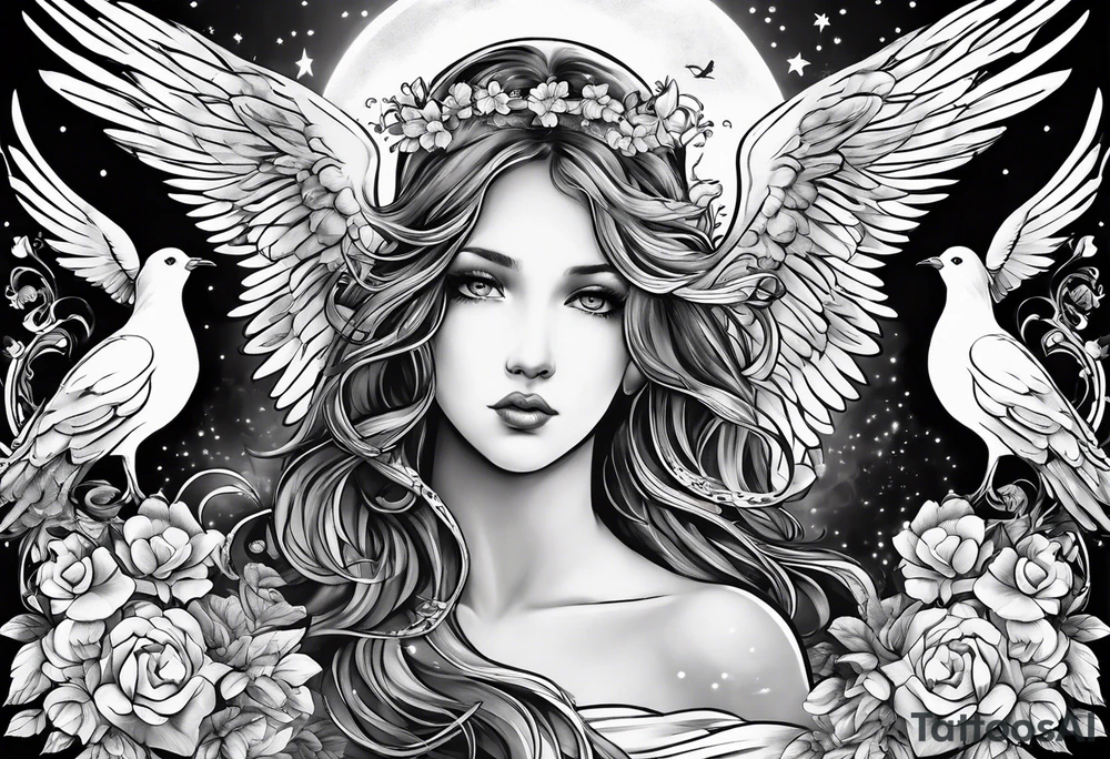 Birth date of my son, touch of god, angels, doves, full outside sleeve tattoo idea