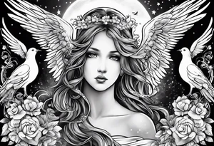 Birth date of my son, touch of god, angels, doves, full outside sleeve tattoo idea