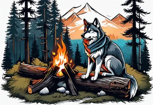 wolf at camp sitting on the log holding stick with marshmallows roasting over the campfire in the Forest tattoo idea