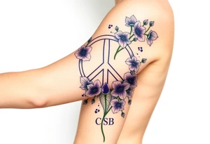 peace symbol intertwined with violets Pisces symbol, dog prints, amethyst, initials csb in cursive font tattoo idea