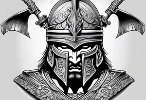 greek warrior wearing a Corinthian helmet weilding an axe tattoo idea