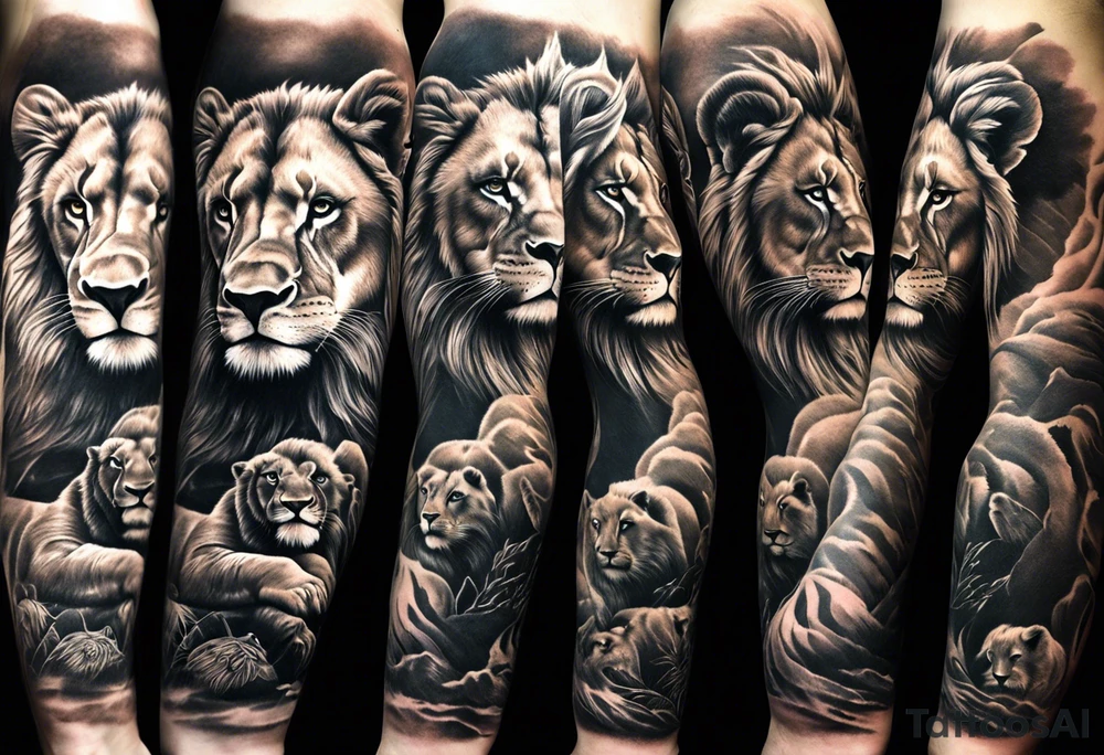 Full sleeve tattoo depicting a large lion protecting his lioness and 6 lion cubs. Background should depict a safari scene tattoo idea