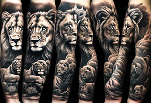 Full sleeve tattoo depicting a large lion protecting his lioness and 6 lion cubs. Background should depict a safari scene tattoo idea