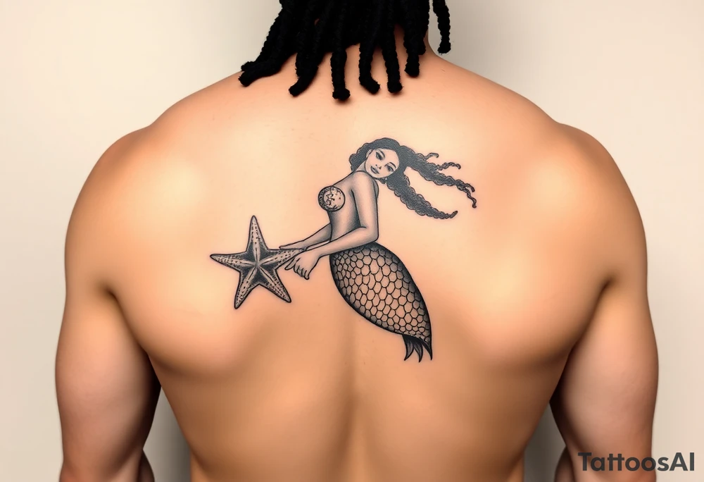 plus size black woman mermaid with locs holding a starfish tattoo idea