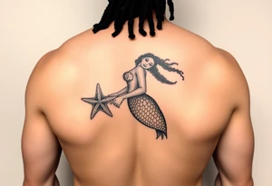 plus size black woman mermaid with locs holding a starfish tattoo idea