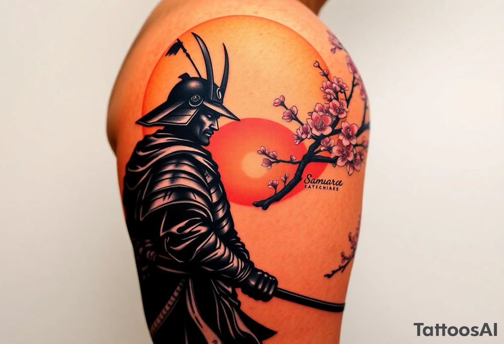 noble samurai warrior silhouette at sunset with cherry blossoms tattoo idea