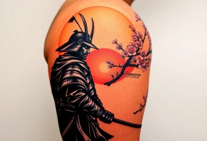 noble samurai warrior silhouette at sunset with cherry blossoms tattoo idea