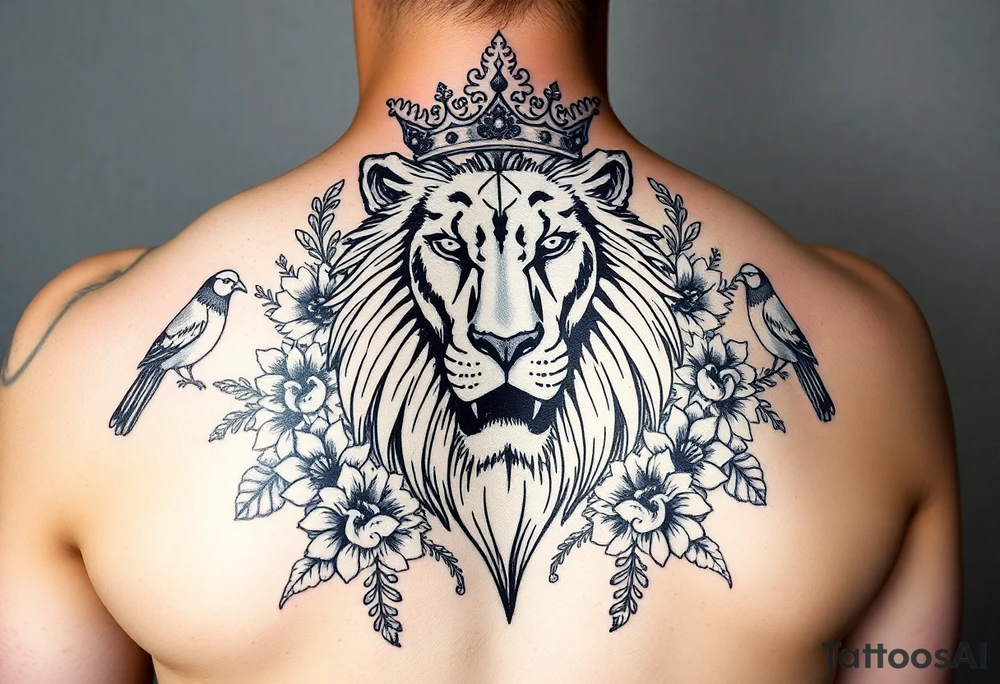 powerful majestic lion with a crown, surrounded by floral ornaments and birds tattoo idea