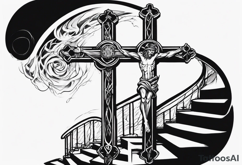 Inner bicep, stretched horizontally, stairs leading to a cross tattoo idea
